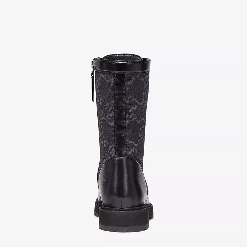 Cheap Fendi Signture Biker Boots Women Leather with FF Karligraphy Motif Fabric Black 0115