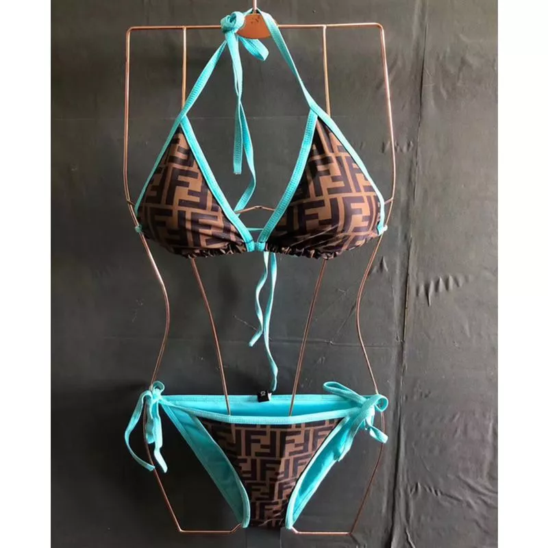 Cheap Fendi Triangular Bikini with Ties Women FF Motif Lycra Brown Sky Blue 0120