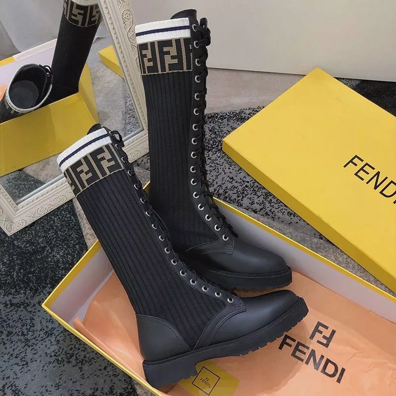 Fendi Rockoko High Combat Boots Women Leather with FF Stripes Stretch Fabric Black White 0115