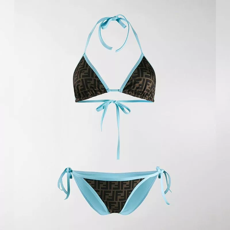 Fendi Triangular Bikini with Ties Women FF Motif Lycra Brown Sky Blue 0120