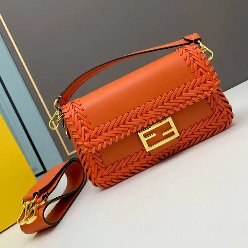 Cheap Fendi Medium Baguette Bag In Stitching Leather Orange 0123