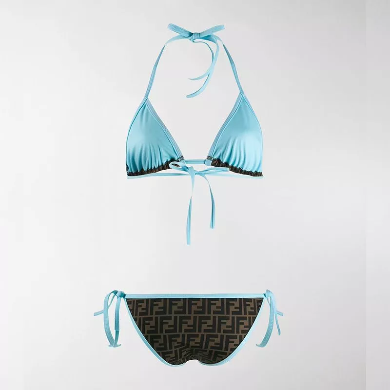 Cheap Fendi Triangular Bikini with Ties Women FF Motif Lycra Brown Sky Blue 0120