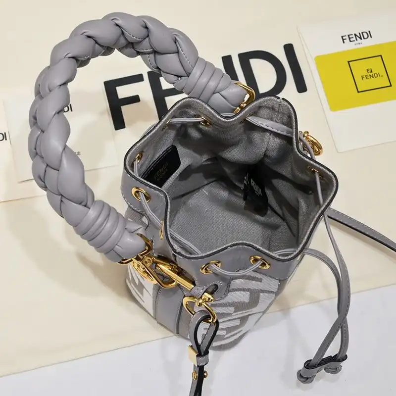 Cheap Fendi Mini Mon Tresor Bucket Bag with Woven Handle In FF Motif Canvas Grey 0128