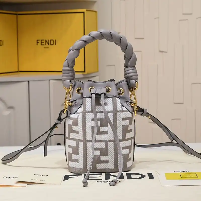 Cheap Fendi Mini Mon Tresor Bucket Bag with Woven Handle In FF Motif Canvas Grey 0128