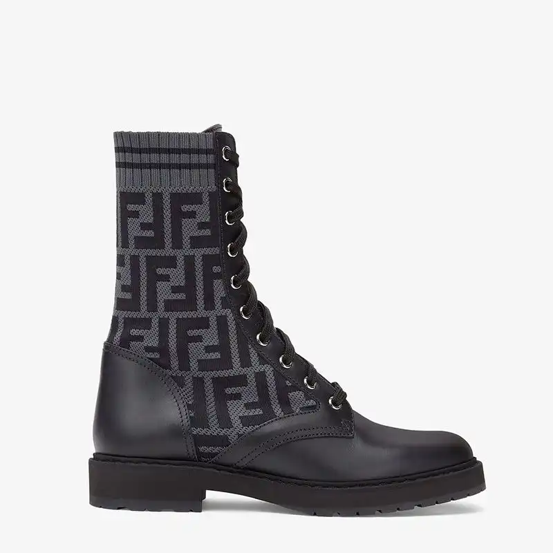 Cheap Fendi Rockoko Combat Boots Women Leather with FF Motif Stretch Fabric Black 0130