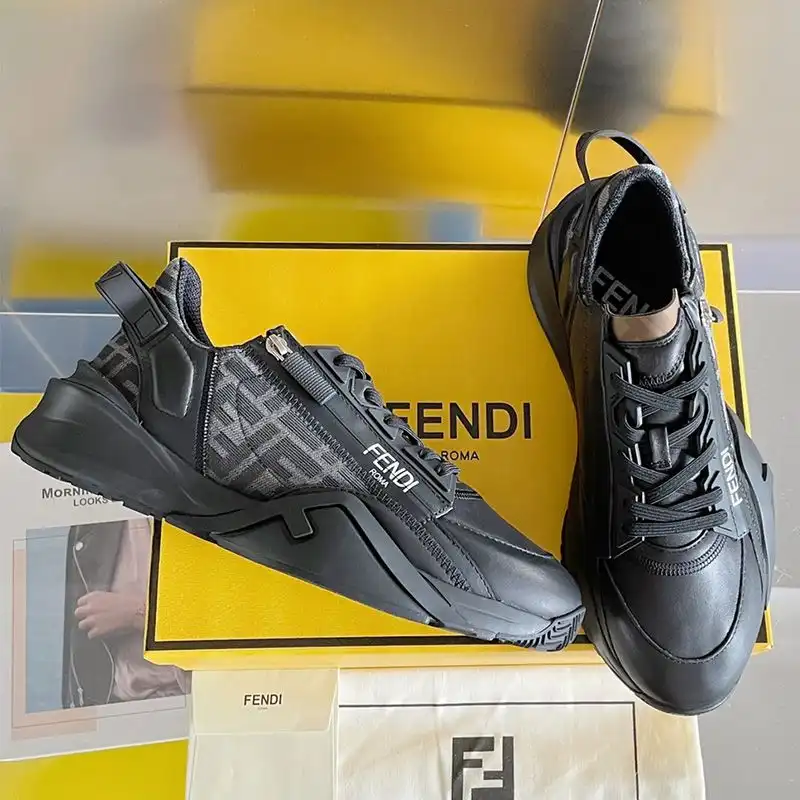 Affordable Fendi Flow Sneakers Men Leather and FF Motif Fabric Black 0125