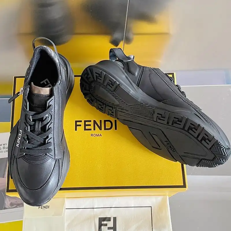 Affordable Fendi Flow Sneakers Men Leather and FF Motif Fabric Black 0125