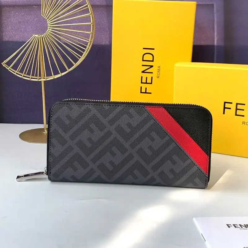 Cheap Fendi Zip Around Wallet In FF Motif Fabric Black Red 0127