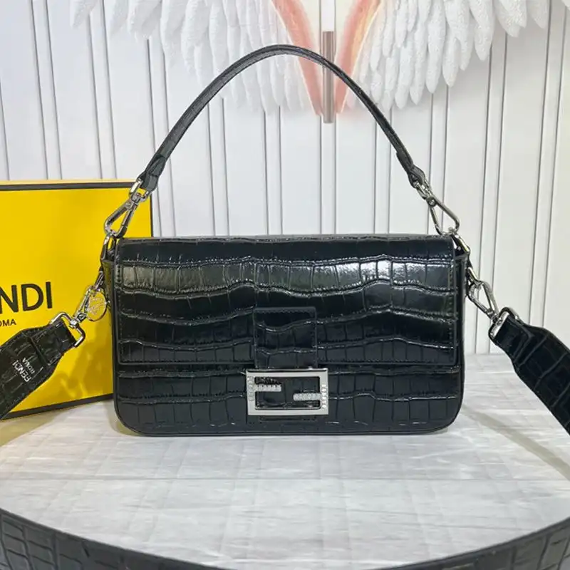 Cheap Fendi Medium Baguette Bag In Tiffany Crocodile Leather Black 0129