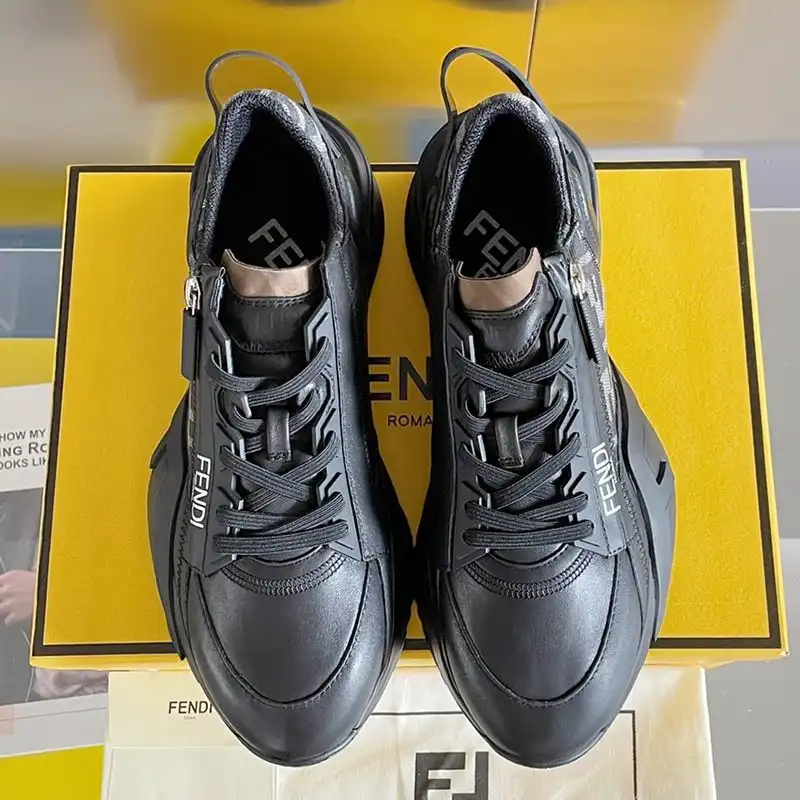 Affordable Fendi Flow Sneakers Men Leather and FF Motif Fabric Black 0125