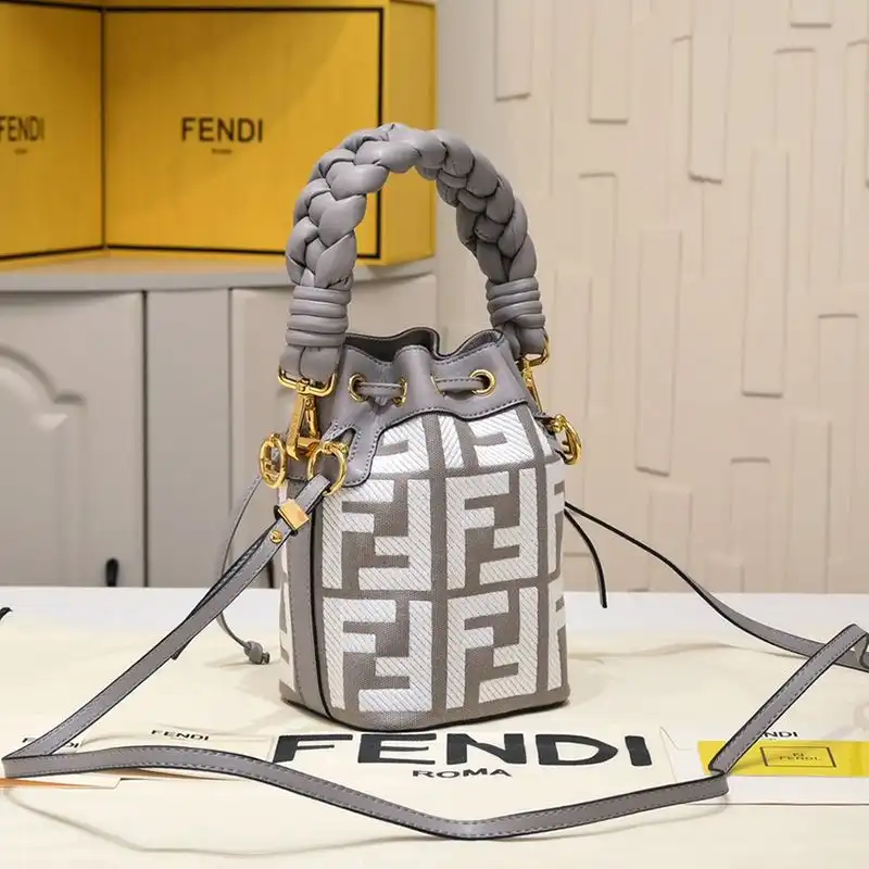 Cheap Fendi Mini Mon Tresor Bucket Bag with Woven Handle In FF Motif Canvas Grey 0128