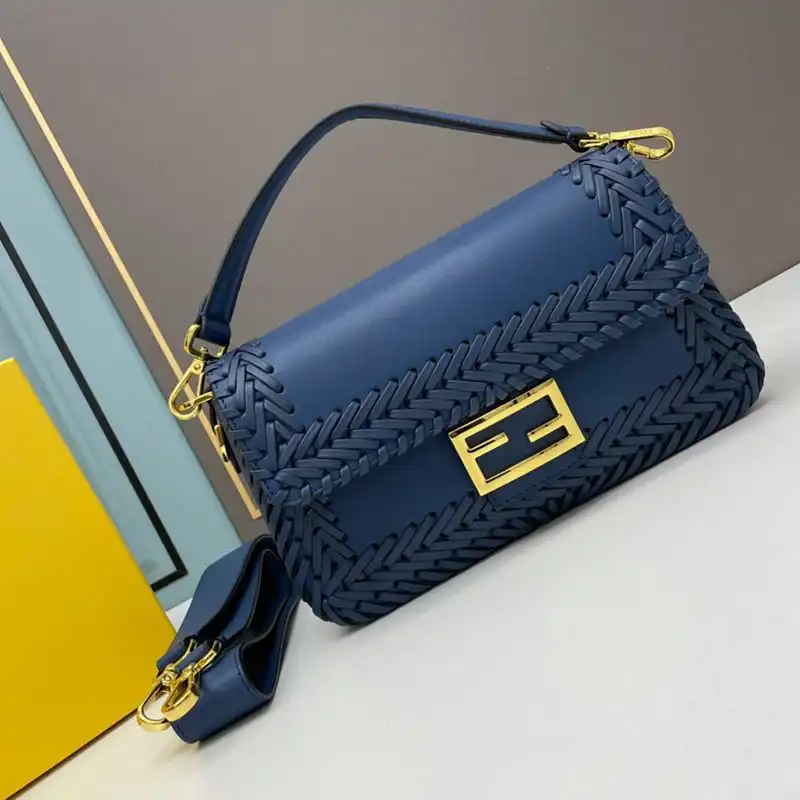 Affordable Fendi Medium Baguette Bag In Stitching Leather Blue 0128