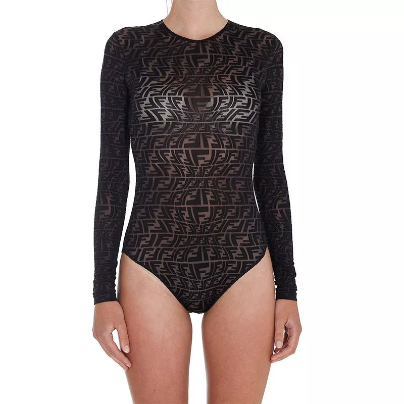 Fendi Bodysuit Women FF Fish-Eye Motif Tulle Black 0120