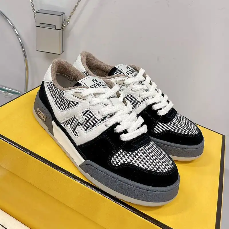 Affordable Fendi Match Compact Sneakers Unisex Suede and Houndstooth Motif Fabric Black 0122