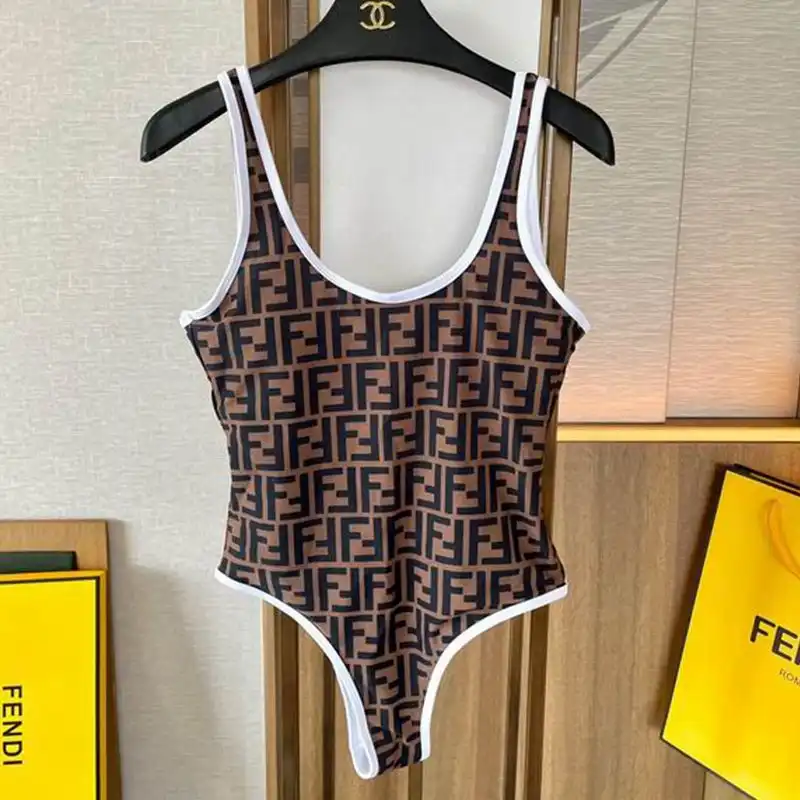 Affordable Fendi Swimsuit Women FF Motif Lycra Brown White 0203