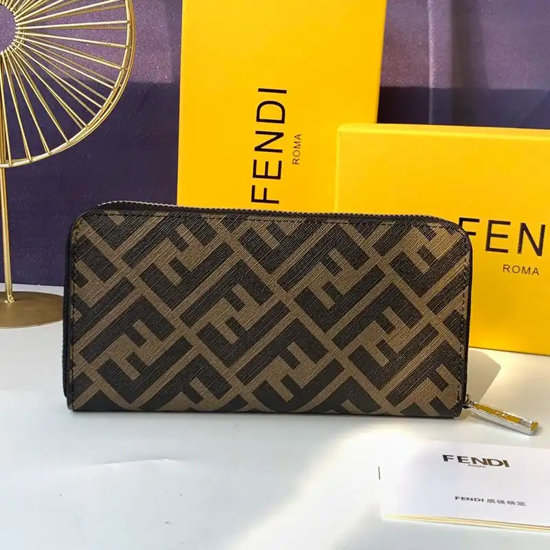 Affordable Fendi Zip Around Wallet In FF Motif Fabric Brown Red 0201