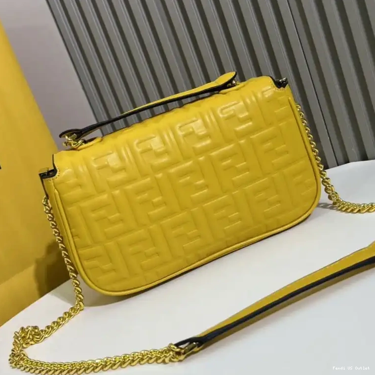 Affordable Nappa Leather Chain Midi Motif Bag Yellow Fendi FF Baguette In 0213