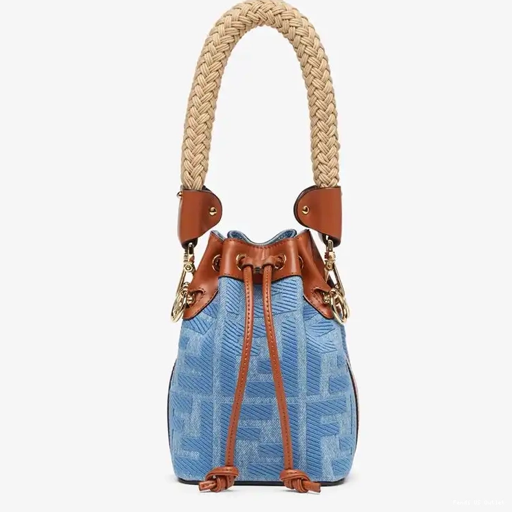 Affordable Straw with Bag Handle Mini Straw Tresor Blue Bucket FF Motif Fendi In Mon 0217