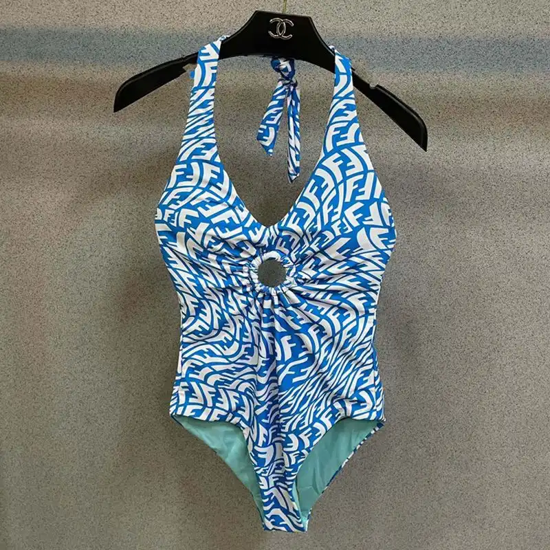 Affordable Fendi Halterneck Swimsuit Women FF Vertigo Motif Lycra Sky Blue 0202