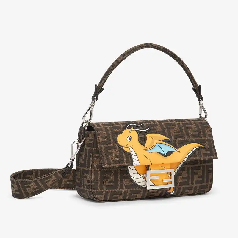 Affordable Fendi Medium Baguette Bag In Pokmon Dragon FF Motif Fabric Brown Yellow 0204