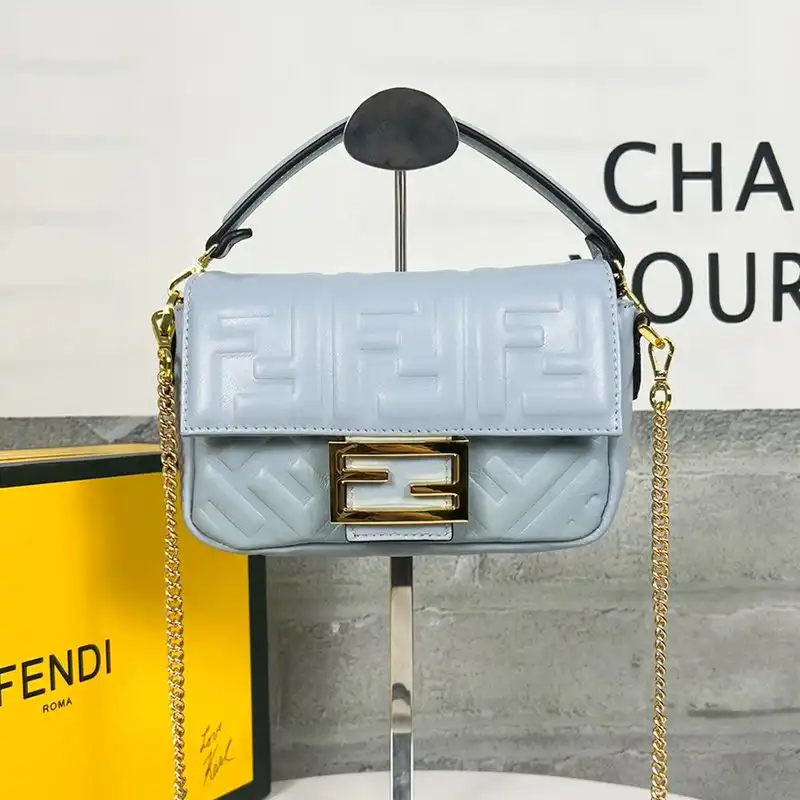 Cheap Fendi Mini Baguette Bag In FF Motif Nappa Leather Sky Blue 0204