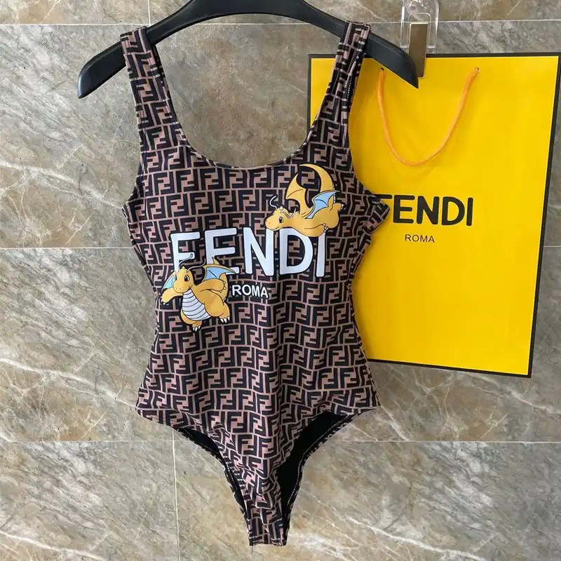 Cheap Fendi Swimsuit Women Pokmon Dragon FF Motif Lycra Brown Yellow 0203