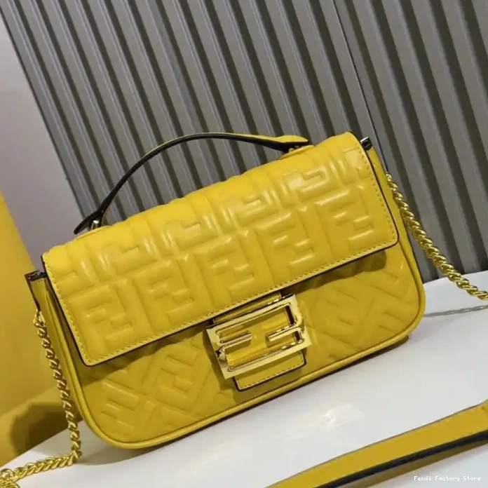 Affordable FF In Fendi Bag Leather Nappa Baguette Midi Motif Yellow Chain 0226