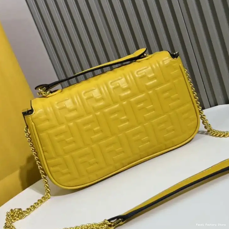 Affordable FF In Fendi Bag Leather Nappa Baguette Midi Motif Yellow Chain 0226