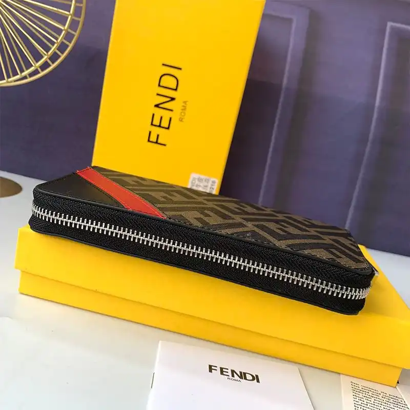 Affordable Fendi Zip Around Wallet In FF Motif Fabric Brown Red 0201