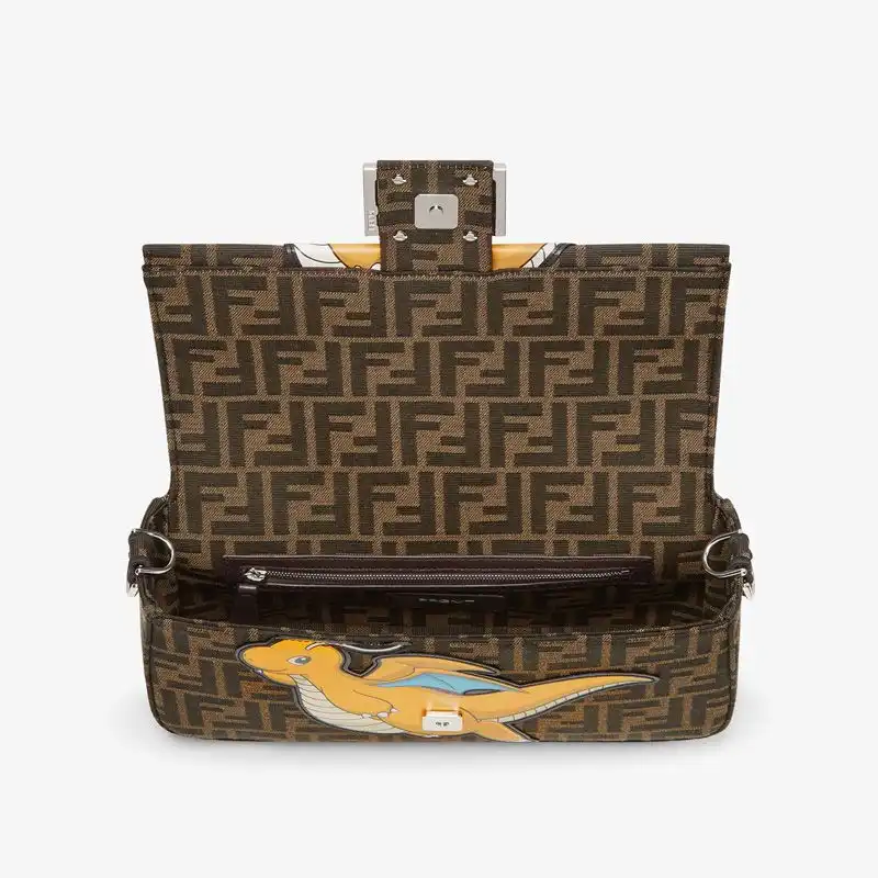 Affordable Fendi Medium Baguette Bag In Pokmon Dragon FF Motif Fabric Brown Yellow 0204