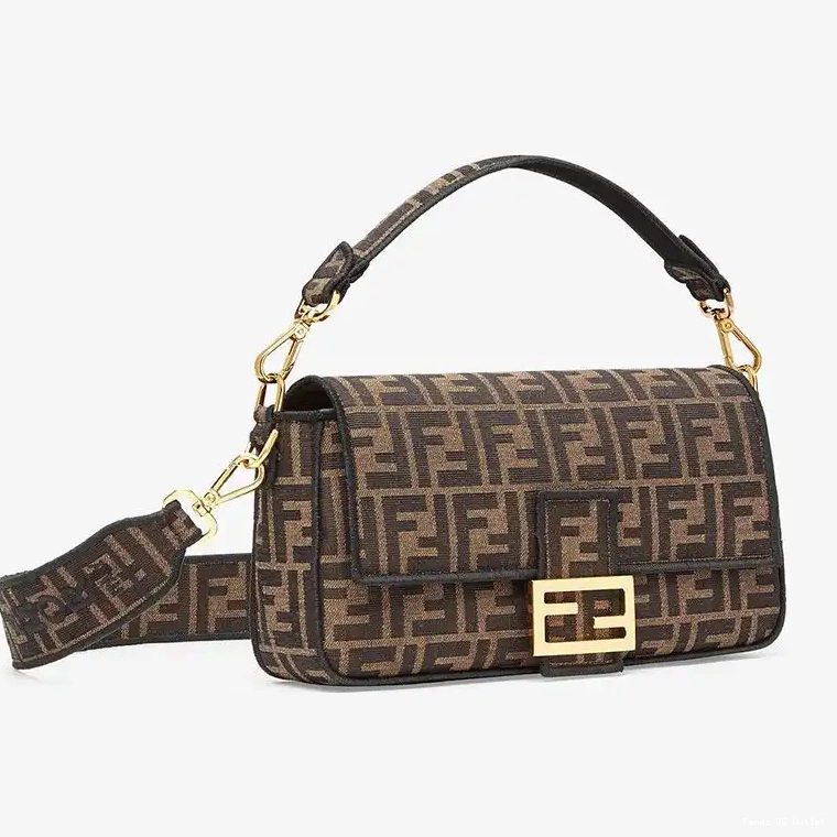 Cheap Brown Bag In Fabric FF Fendi Medium Motif Baguette 0223