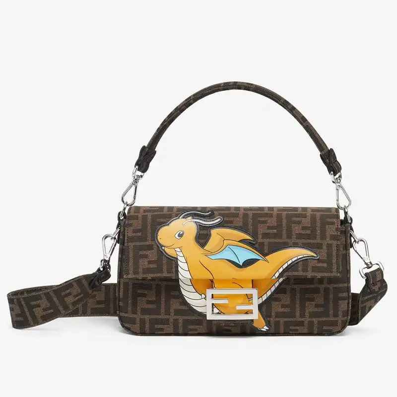 Affordable Fendi Medium Baguette Bag In Pokmon Dragon FF Motif Fabric Brown Yellow 0204