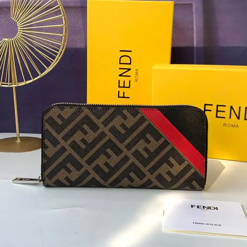 Affordable Fendi Zip Around Wallet In FF Motif Fabric Brown Red 0201