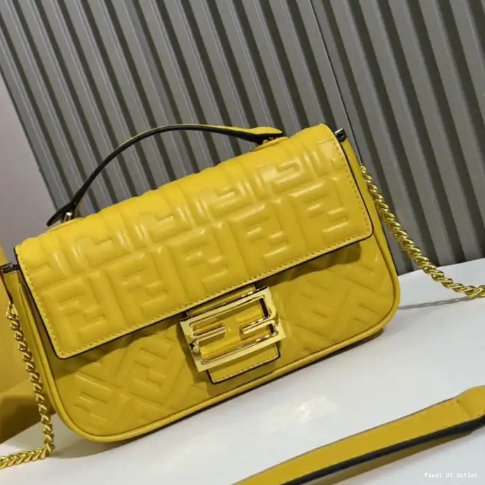 Affordable Nappa Leather Chain Midi Motif Bag Yellow Fendi FF Baguette In 0213