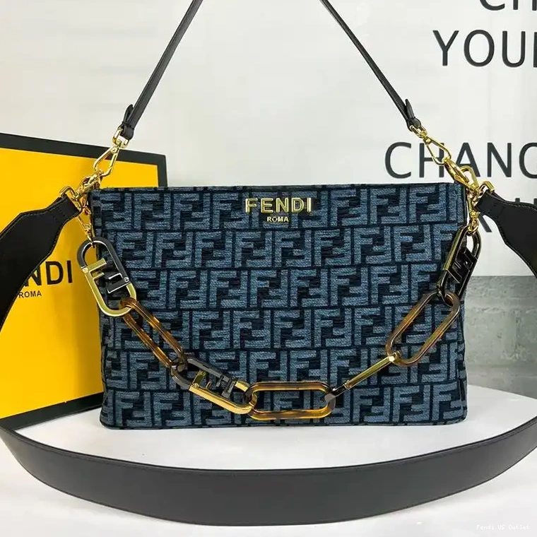 Affordable Fendi Fabric O'Lock Blue Tapestry Bag Zip FF Shoulder In 0212