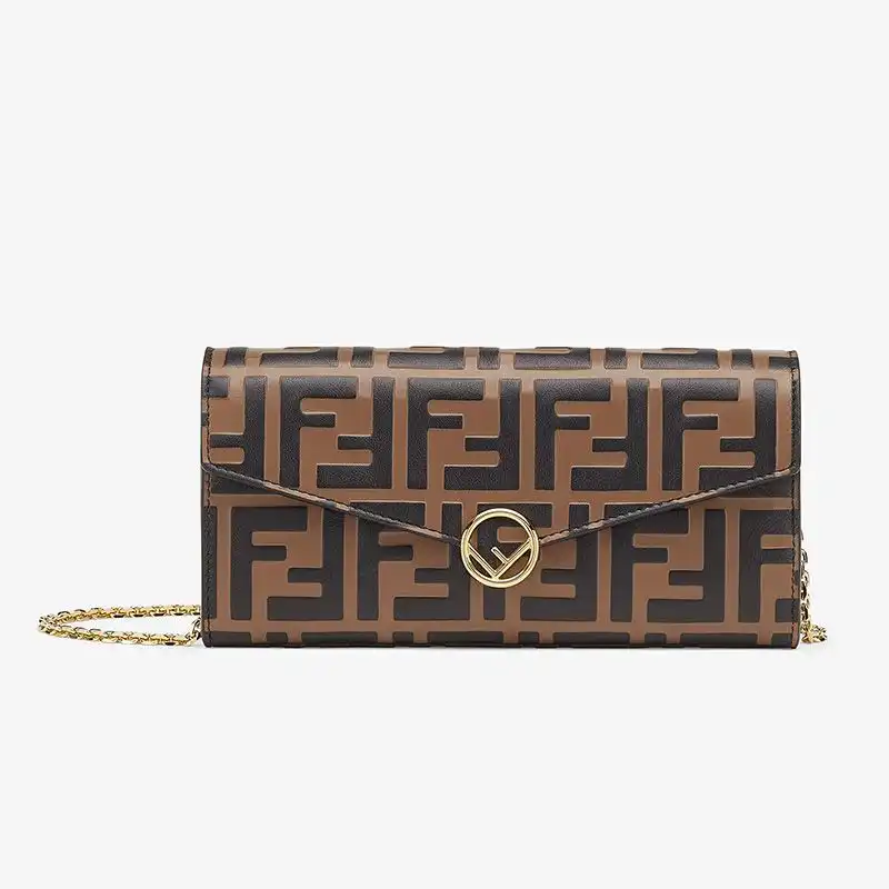 Cheap F is Fendi Chain Wallet In FF Motif Calf Leather Brown 0201