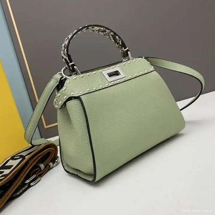 Affordable Stitching Peekaboo Bag Iconic Fendi Green Leather Calf In Mini 0208