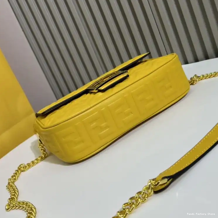 Affordable FF In Fendi Bag Leather Nappa Baguette Midi Motif Yellow Chain 0226