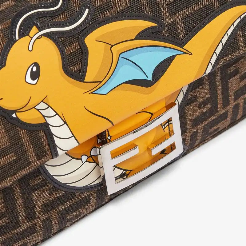 Affordable Fendi Medium Baguette Bag In Pokmon Dragon FF Motif Fabric Brown Yellow 0204