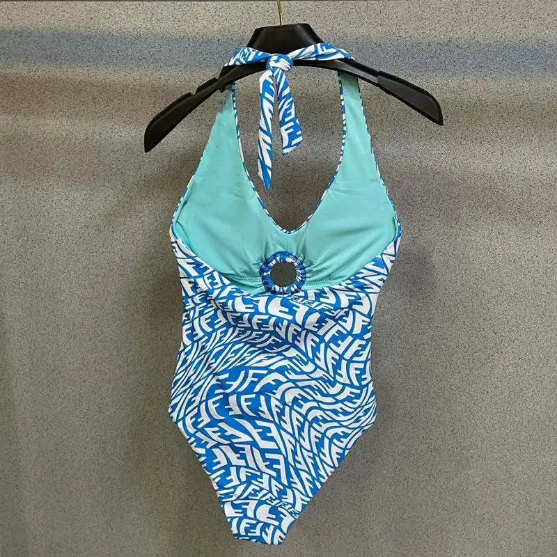 Affordable Fendi Halterneck Swimsuit Women FF Vertigo Motif Lycra Sky Blue 0202