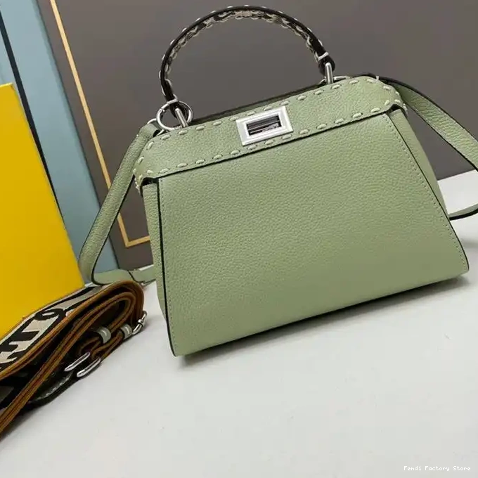 Affordable Stitching Peekaboo Bag Iconic Fendi Green Leather Calf In Mini 0208