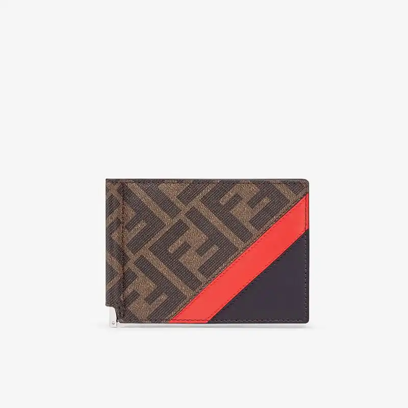 Affordable Fendi Bill Clip In FF Motif Fabric Brown Red 0201