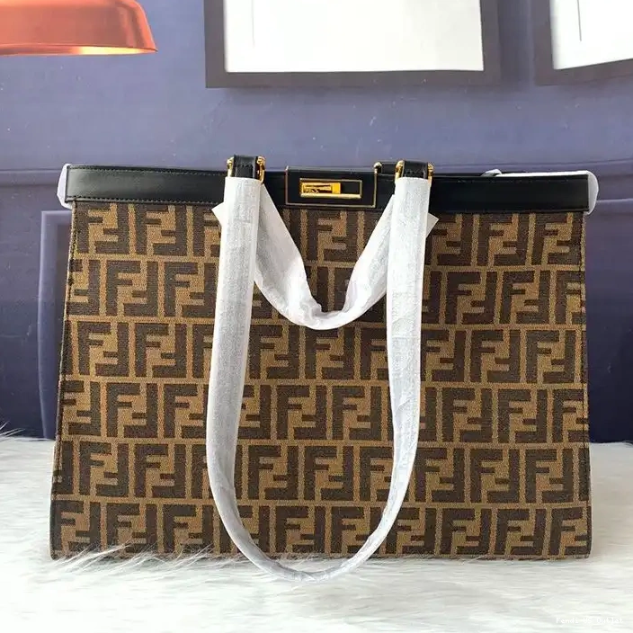 Affordable Black FF In Peekaboo Coffee Motif Fendi Fabric X-Tote Medium 0213