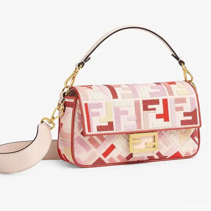 Cheap Fendi Canvas Pink Baguette Medium Red FF In Motif Bag 0222