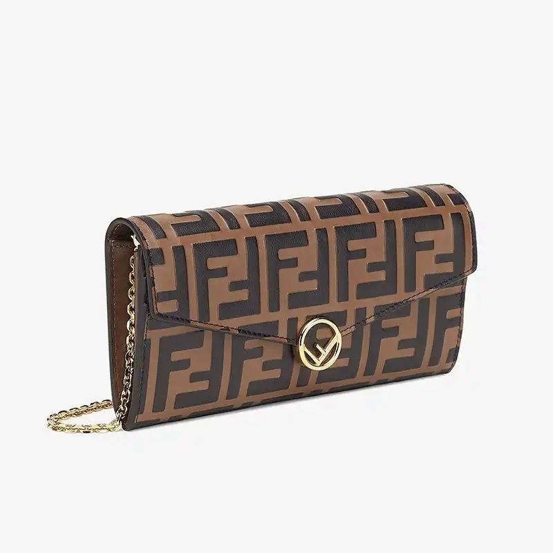 Cheap F is Fendi Chain Wallet In FF Motif Calf Leather Brown 0201