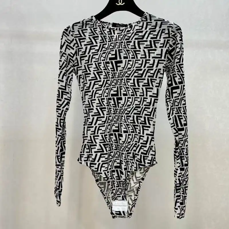 Affordable Fendi Bodysuit Women FF Fish-Eye Motif Tulle Black White 0203