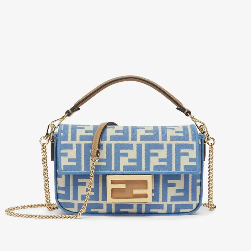 Affordable Fendi Mini Baguette Bag In FF Motif Fabric Blue 0204