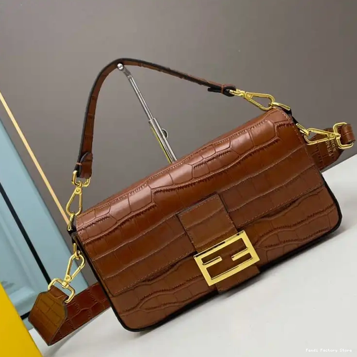 Baguette Crocodile Bag In Fendi Medium Leather Brown 0316