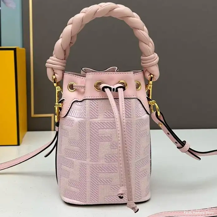 Canvas Mon Bag Tresor Motif Woven Mini Handle Fendi FF Bucket Pink with In 0317